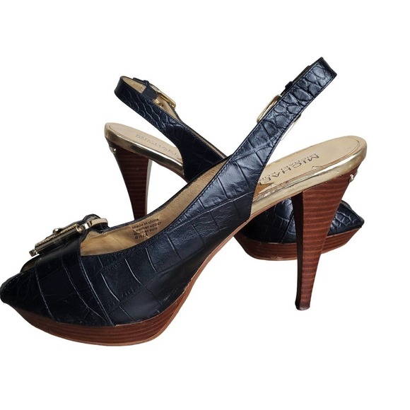 Michael Kors Heels Womens Size 8.5 Black Leather Croc Print Slingback Stacked - Picture 3 of 10
